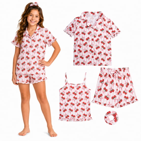 Princess Rose Girls Pajamas Set Cute Sleep Shirt Top Pajama Pants Shorts with Scrunchie 4 Piece