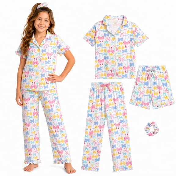 Princess Rose Girls Pajamas Set Cute Sleep Shirt Top Pajama Pants Shorts with Scrunchie 4 Piece