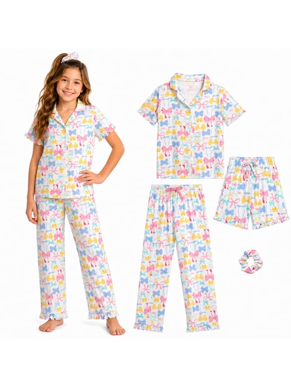 Girls Pajamas Set Cute Sleep Shirt Top Pajama Pants Shorts with Scrunchie 4 Piece
