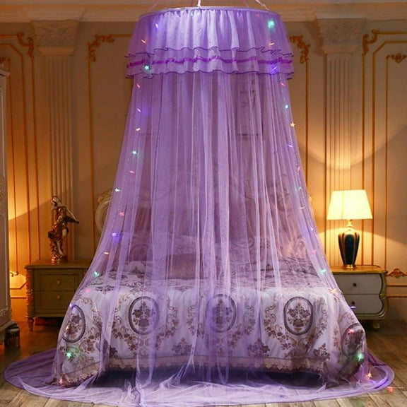 Princess Round Bed Canopy Netting Elegant Lace Curtain Canopy Ruffle Dome Mosquito Net Hanging Twinkle Star Netting for Twin Full Queen King