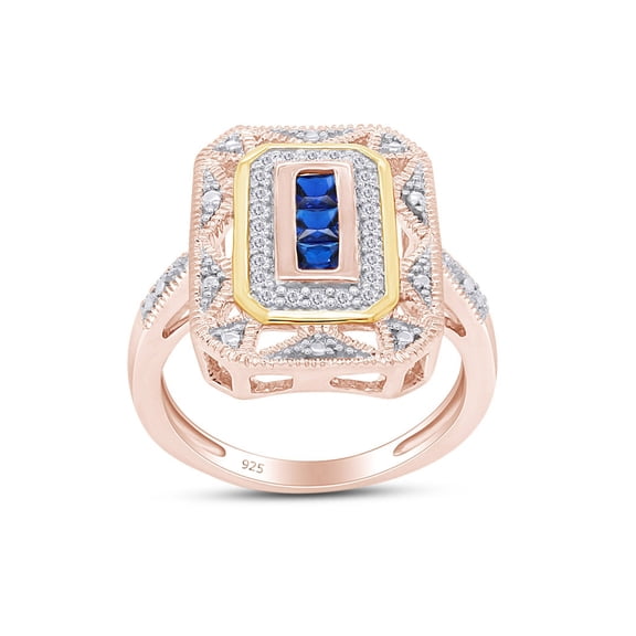 Princess & Round Cut Simulated Blue Sapphire & 0.10 Ct Lab Created Moissanite Diamond Art Deco Two-Tone Engagement Wedding Ring For Womens in 14k Rose Gold Over Sterling Silver-6.5