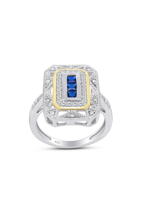 Princess & Round Cut Simulated Blue Sapphire & 0.10 Ct Lab Created Moissanite Diamond Art Deco Two-Tone Engagement Wedding Ring For Womens in 14k White Gold Over Sterling Silver-4