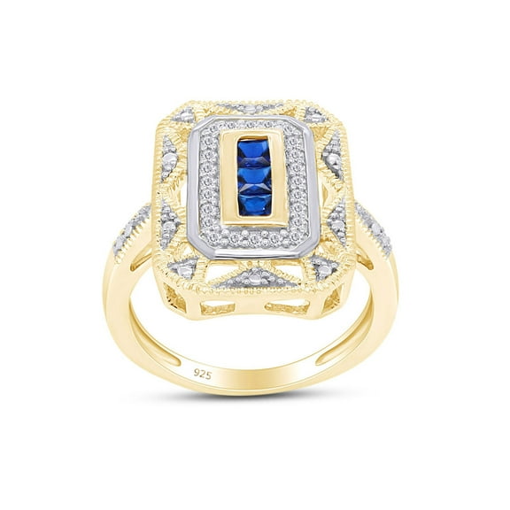 Princess & Round Cut Simulated Blue Sapphire & 0.10 Ct Lab Created Moissanite Diamond Art Deco Two-Tone Engagement Wedding Ring For Womens in 14k Yellow Gold Over Sterling Silver-9.5