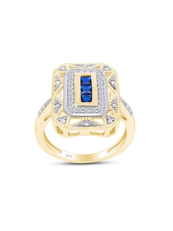 Princess & Round Cut Simulated Blue Sapphire & 0.10 Ct Lab Created Moissanite Diamond Art Deco Two-Tone Engagement Wedding Ring For Womens in 14k Yellow Gold Over Sterling Silver-10
