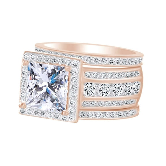 AFFY Princess & Round Cut White Cubic Zirconia Trio Engagement Wedding Ring Set In 10k Solid Rose Gold Ring Size-6.5