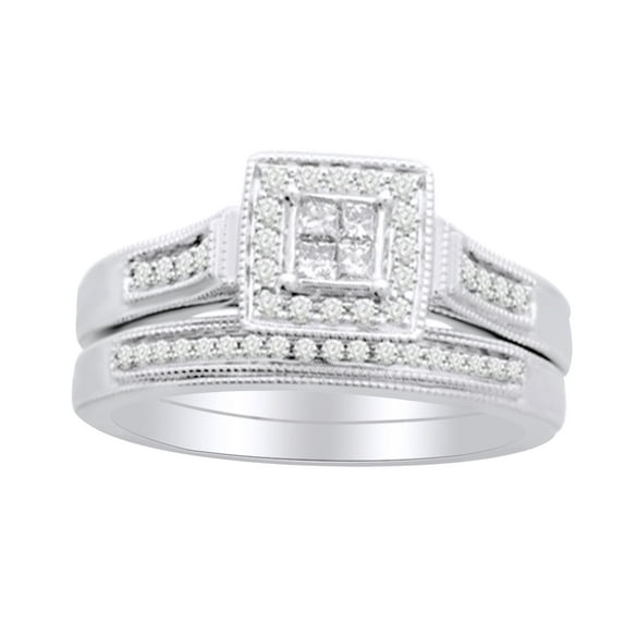 AFFY Princess & Round Cut White Natural Diamond (0.35 Cttw) Cluster Engagement Bridal Ring Set In 14K Solid White Gold