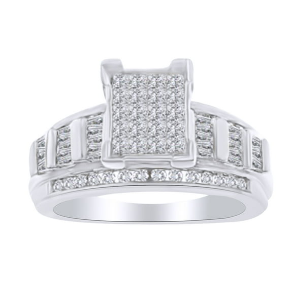 AFFY Princess & Round Cut White Natural Diamond Engagement Band Ring In 14K Solid White Gold (1.50 Cttw)