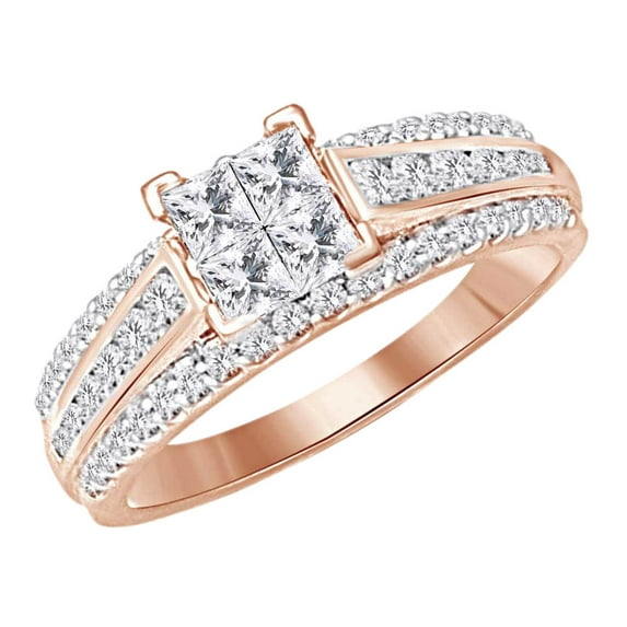 AFFY Princess & Round Cut White Natural Diamond Engagement Ring In 10k Rose Gold (1.00 cttw) Ring Size-6