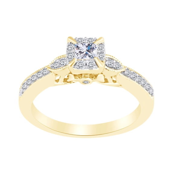 AFFY Princess & Round Cut White Natural Diamond Engagement Ring In 10k Solid Yellow Gold (0.50 cttw) Ring Size-6