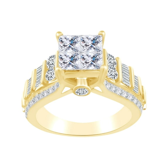 AFFY Princess & Round Cut White Natural Diamond Engagement Ring In 10k Solid Yellow Gold (2.00 cttw) Ring Size-6