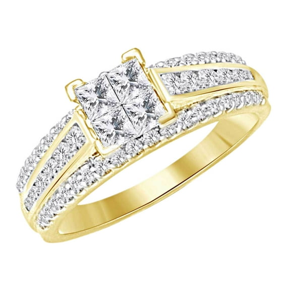 AFFY Princess & Round Cut White Natural Diamond Engagement Ring In 10k Yellow Gold (1.00 cttw) Ring Size-6