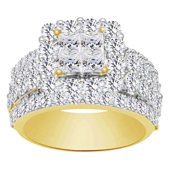 AFFY Princess & Round Cut White Natural Diamond Fashion Engagement Ring In 10k Yellow Gold (4.00 cttw) Ring Size-10.5