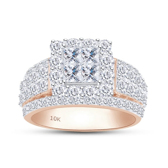 AFFY Princess & Round Cut White Natural Diamond Fashion Invisible Ring In 10k Rose Gold (3 cttw) Ring Size-13