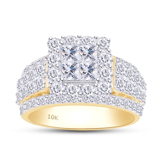AFFY Princess & Round Cut White Natural Diamond Fashion Invisible Ring In 10k Yellow Gold (3 cttw) Ring Size-7
