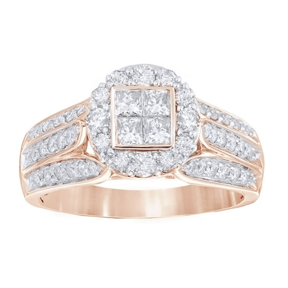 AFFY Princess & Round Cut White Natural Diamond Frame Engagement Ring in 10K Rose Gold (1 cttw)