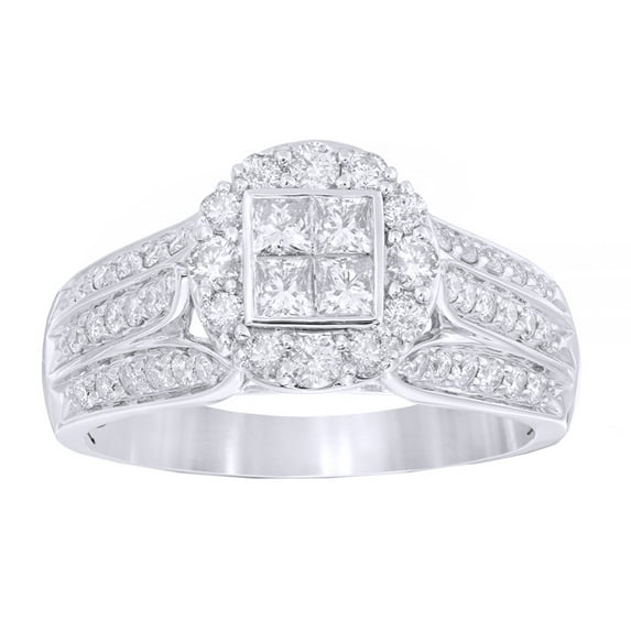 AFFY Princess & Round Cut White Natural Diamond Frame Engagement Ring in 10K White Gold (1 cttw)