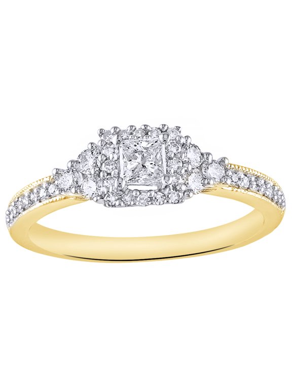 Princess & Round Cut White Natural Diamond Frame Tri-Sides Ring in 14K Yellow Gold (0.5 cttw)