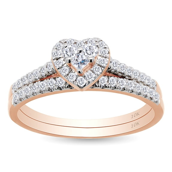 AFFY Princess & Round Cut White Natural Diamond Heart Bridal Ring Set In 10k Rose Gold (0.4 cttw) Ring Size-14
