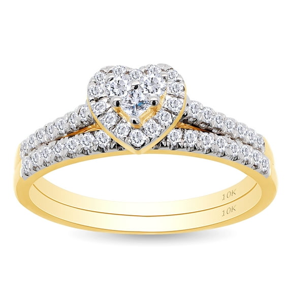 AFFY Princess & Round Cut White Natural Diamond Heart Bridal Ring Set In 10k Yellow Gold (0.4 cttw) Ring Size-12.5