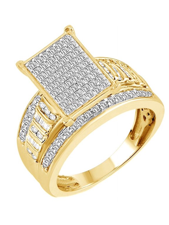 Princess & Round Cut White Natural Diamond Rectangle Cluster Engagement Ring in 10k Yellow Gold (1 cttw)