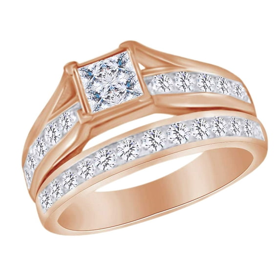 AFFY Princess & Round Cut White Natural Diamond Solitaire Bridal Ring Set In 10k Rose Gold (0.5 cttw) Ring Size-13.5