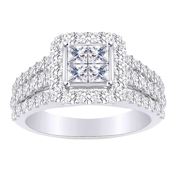 AFFY Princess & Round Cut White Natural Diamond Three Row Engagement Ring In 10k White Gold (1 cttw) Ring Size-11