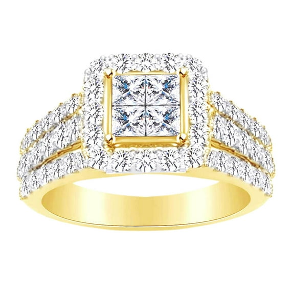 AFFY Princess & Round Cut White Natural Diamond Three Row Engagement Ring In 10k Yellow Gold (1 cttw) Ring Size-9.5