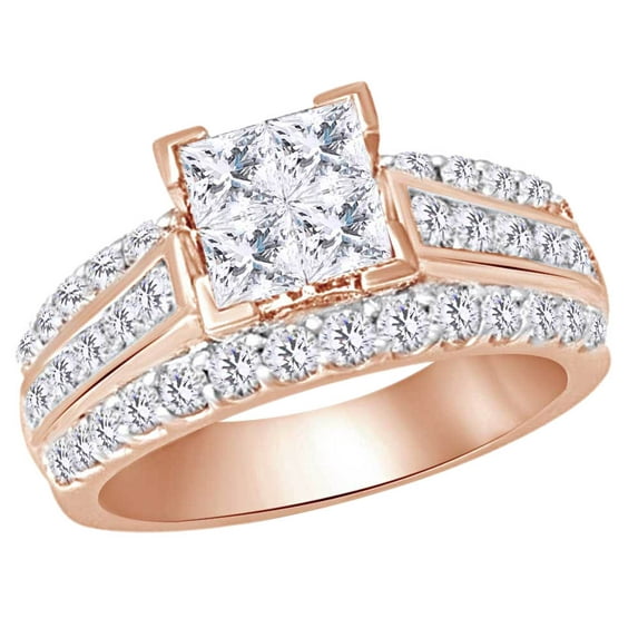 AFFY Princess & Round Cut White Natural Diamond Three Row Square Frame Cluster Ring In 10k Rose Gold (2 cttw) Ring Size-9