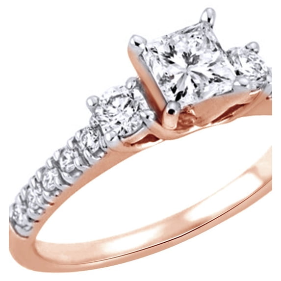 AFFY Princess & Round Cut White Natural Diamond Three Stone Engagement Ring in 14K Rose Gold (0.5 cttw)