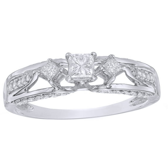 AFFY Princess & Round Cut White Natural Diamond Three Stone Engagement Ring in 14K Solid Gold (0.5 cttw)