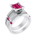 thumbnail image 1 of AFFY Princess & Round Shape Simulated Ruby & White CZ 14k White Gold Over Sterling Silver Bridal Ring Set, 1 of 1