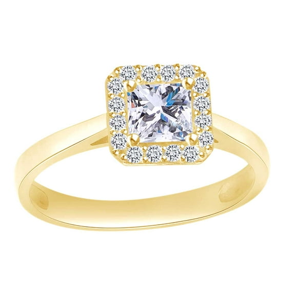AFFY Princess & Round Shape White Cubic Zirconia Solitaire Halo Engagement Ring In 14k Solid Yellow Gold Ring Size-6.5