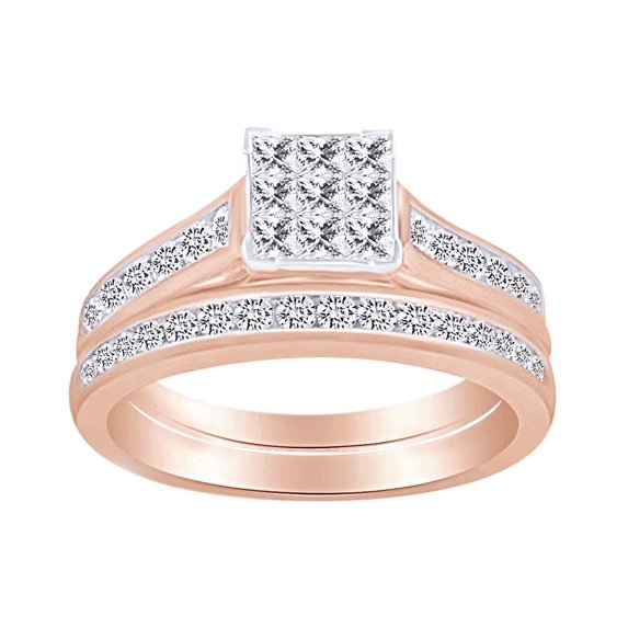 AFFY Princess & Round Shape White Natural Diamond Bridal Engagement Wedding Ring Set In 10k Solid Rose Gold (1 cttw)-6.5