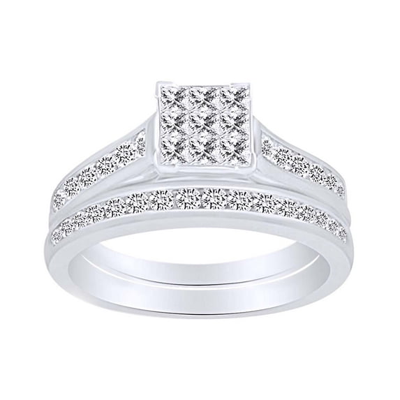 AFFY Princess & Round Shape White Natural Diamond Bridal Engagement Wedding Ring Set In 10k Solid White Gold (1 cttw)-9.5