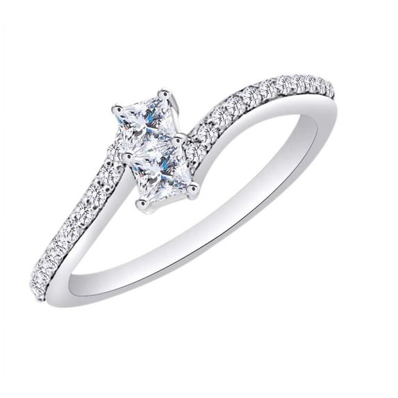 AFFY Princess & Round Shape White Natural Diamond Bypass Fashion Ring In 10k White Gold (0.33 cttw) Ring Size-10.5