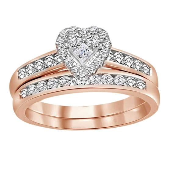 AFFY Princess & Round Shape White Natural Diamond Heart Bridal Ring Set In 10k Rose Gold (0.4 cttw) Ring Size-10