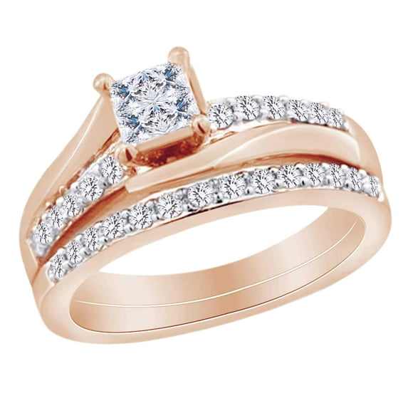AFFY Princess & Round Shape White Natural Diamond Women's Bridal Ring Set In 10k Rose Gold (0.50 cttw) Ring Size-13