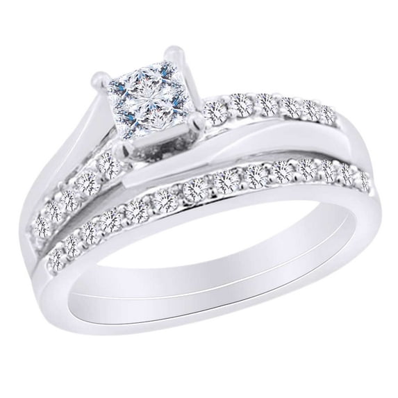 AFFY Princess & Round Shape White Natural Diamond Women's Bridal Ring Set In 10k White Gold (0.50 cttw) Ring Size-10