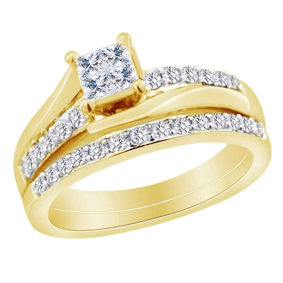 AFFY Princess & Round Shape White Natural Diamond Women's Bridal Ring Set In 10k Yellow Gold (0.50 cttw) Ring Size-6