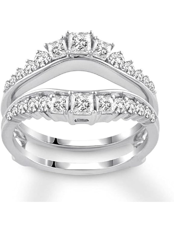Princess & Round Simulated Diamond Wrap Enhancer Ring Silver 14K White Gold Finish Jewelry Gift Womens Enhancer Wrap engagement Ring