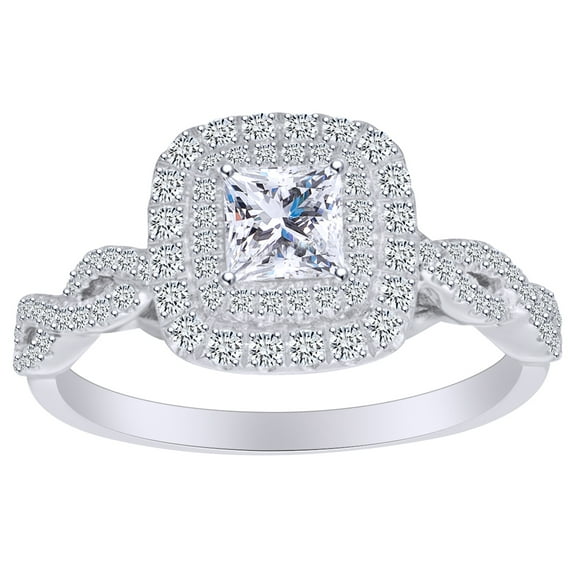 AFFY Princess & Round White Natural Diamond Double Frame Twisted Engagement Ring In 14k Solid White Gold (1 Cttw) Ring Size-6