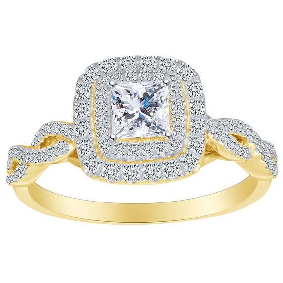 AFFY Princess & Round White Natural Diamond Double Frame Twisted Engagement Ring In 14k Solid Yellow Gold (1 Cttw) Ring Size-8