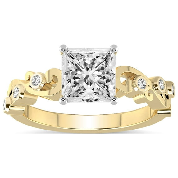 Princess Shape 2 Carat IGI Certified Lab Grown Diamond Ring | 14K Yellow Gold |Catrina Cutwork Lab Diamond Engagement Ring | FG-VS1-VS2 Quality Friendly Diamonds