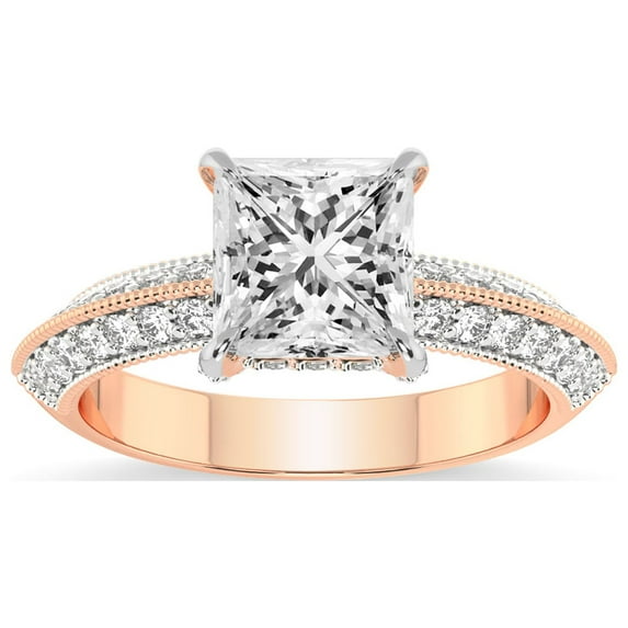 Princess Shape 3 Carat IGI Certified Lab Grown Diamond Ring | 14K Rose Gold | Dua Side Stone Knife Edge Lab Diamond Ring | FG-VS1-VS2 Quality Friendly Diamonds
