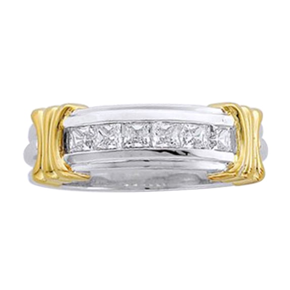 AFFY Princess Shape White Diamond Men's Six Stone Engagement Band Ring In 14K Solid White Gold