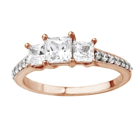 AFFY Princess Shape White Diamond Three Stone Engagement Ring In 14K Solid Rose Gold