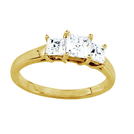 Princess Shape White Diamond Three Stone Engagement Ring In 14K Solid Yellow Gold