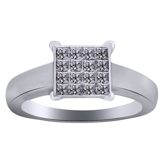 AFFY Princess Shape White Natural Diamond Square Cluster Engagement Ring In 10K Solid White Gold (0.5 Cttw)