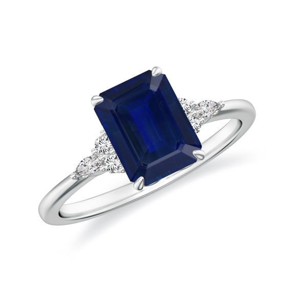 Princess Shaped Blue Sapphire Side Stone Engagement Ring with Moissanite in Sterling Silver/ White Gold Plated Trilogy Promise Wedding Band Ring September Birthstone Jewelry, Ring Size 6