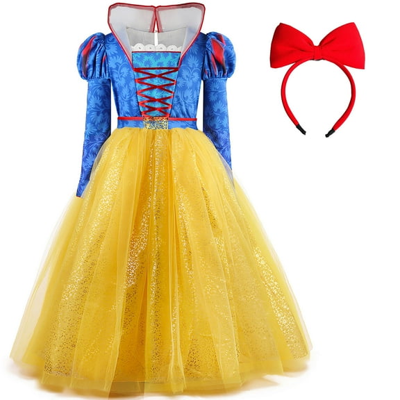Princess Snow Costume w/Headband for Girls Halloween Movie Cosplay Dress Up, Size for 9-10 Year